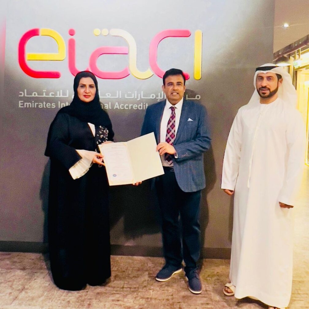 Receiving Award of Accreditation from Ms. Amina Ahmed – CEO, Emirates International Accreditation Centre, Govt of Dubai. QS Zürich